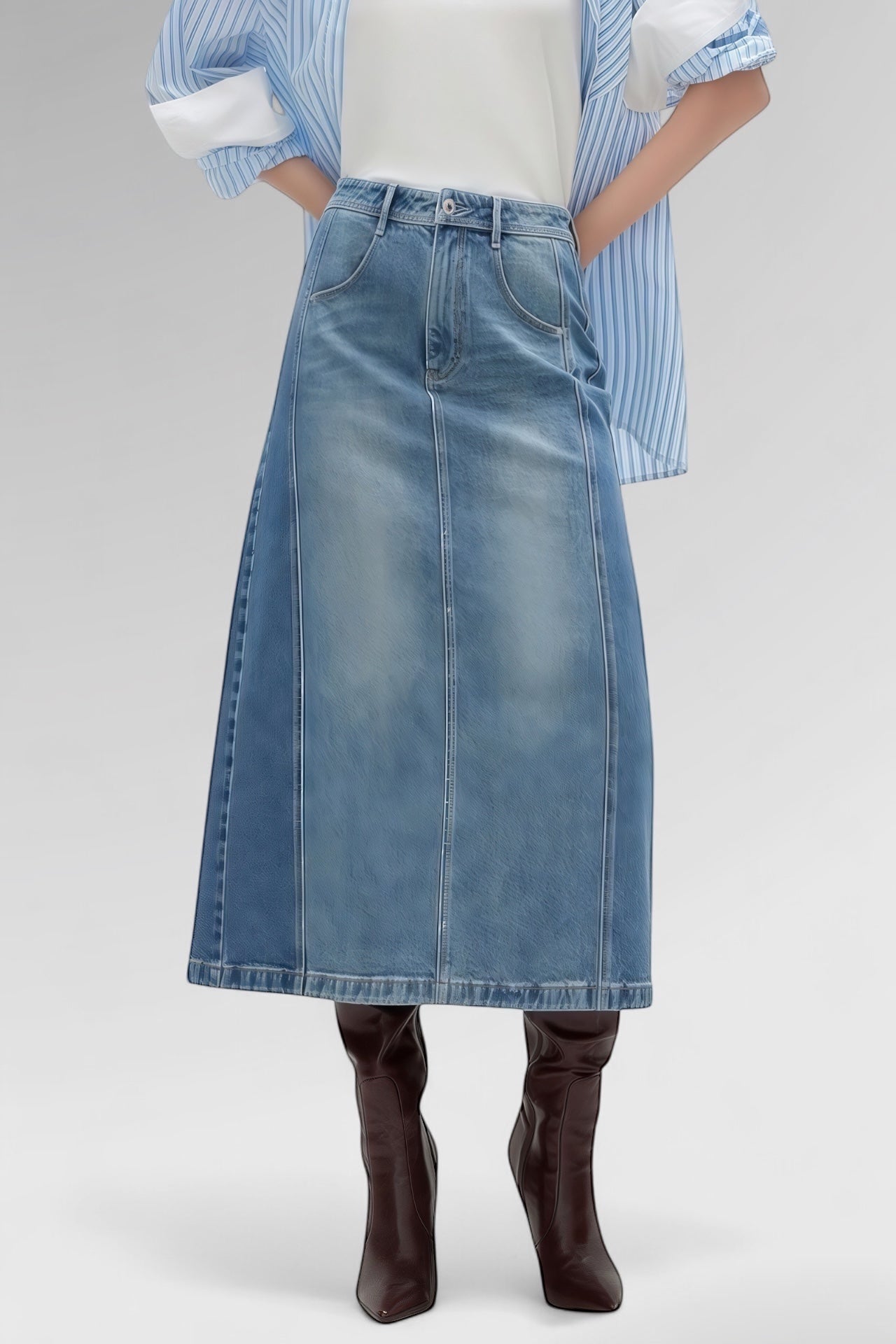 Sculpted Seam Midi Denim Skirt