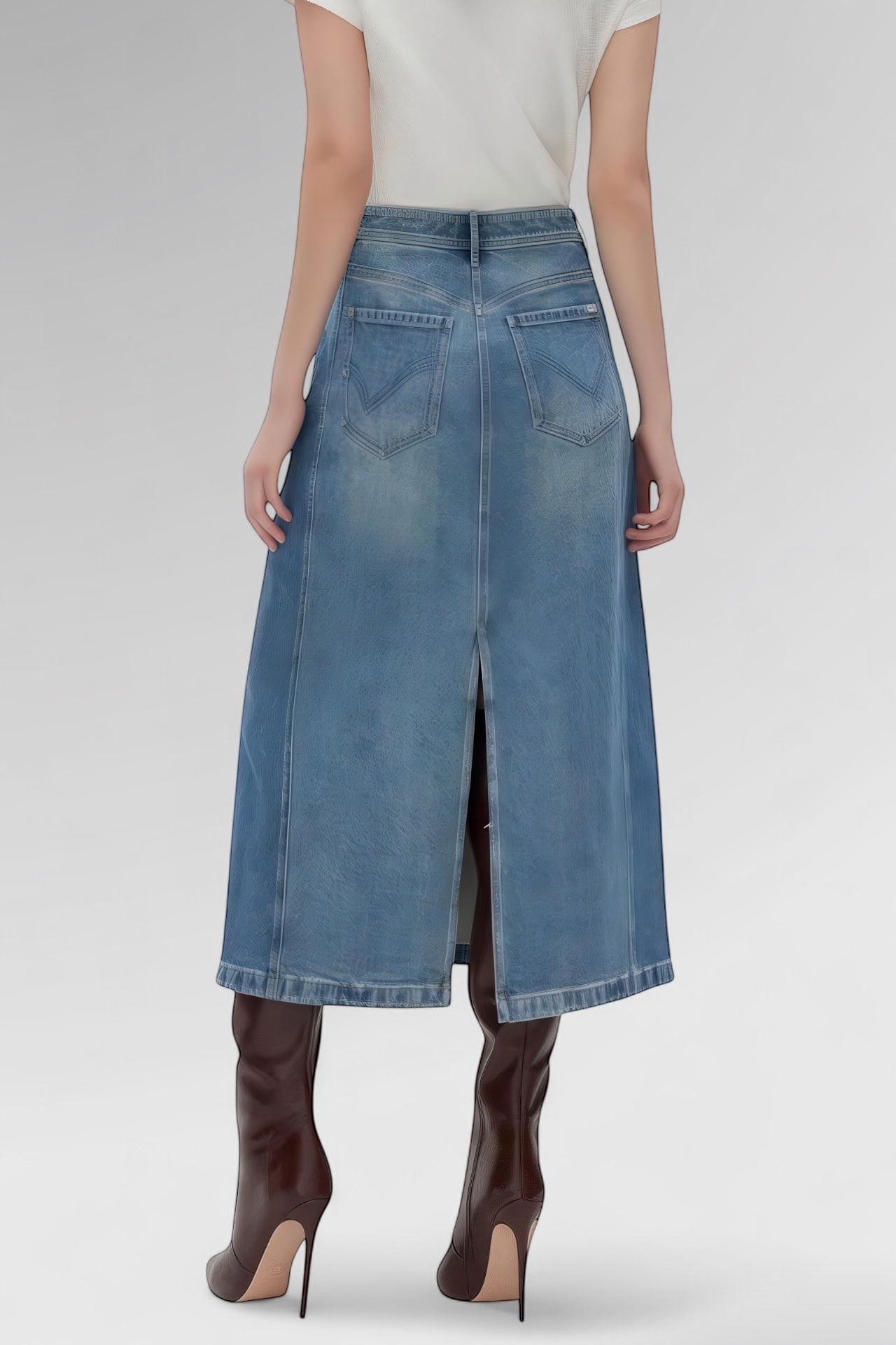 Sculpted Seam Midi Denim Skirt