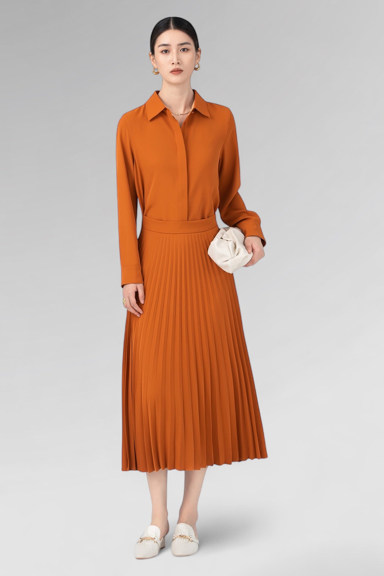 Burnt Pleated Shirt Midi Dress