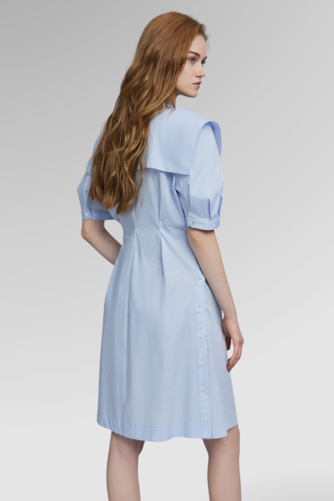 Soft Blue Puff-Sleeve Lapel Midi Dress