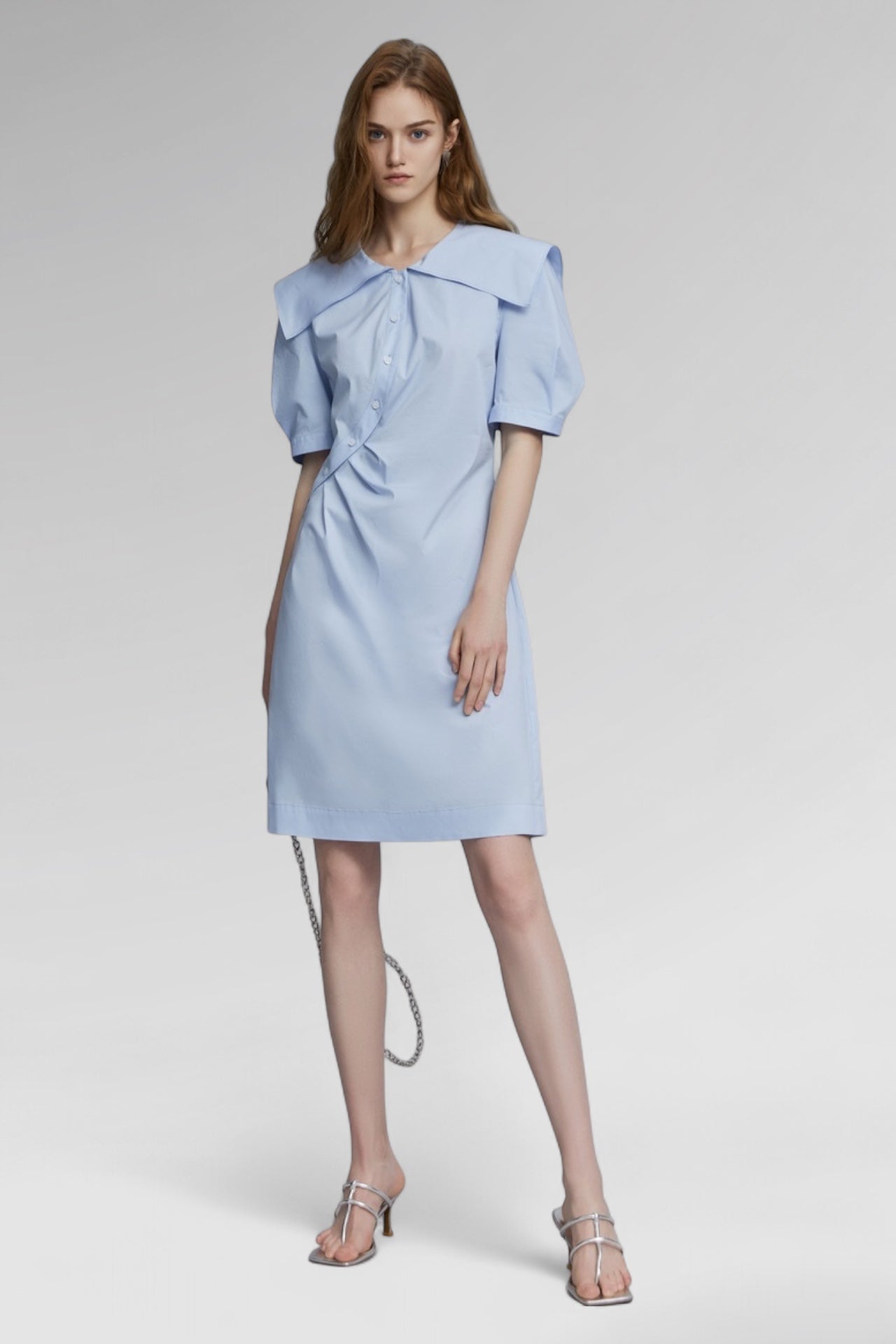 Soft Blue Puff-Sleeve Lapel Midi Dress