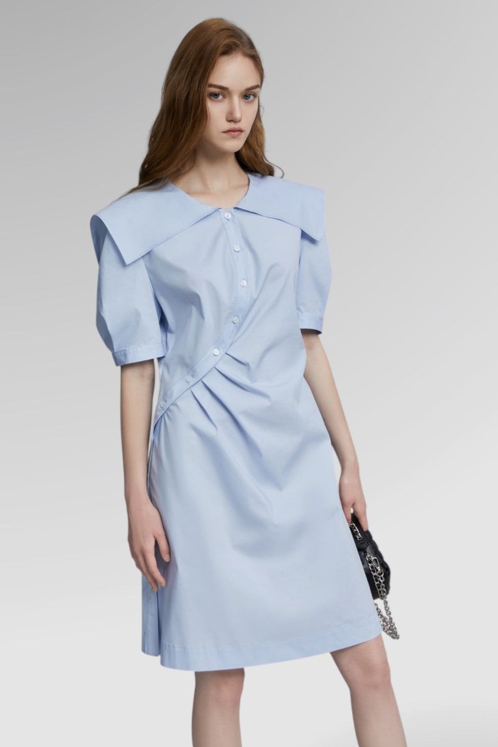 Soft Blue Puff-Sleeve Lapel Midi Dress