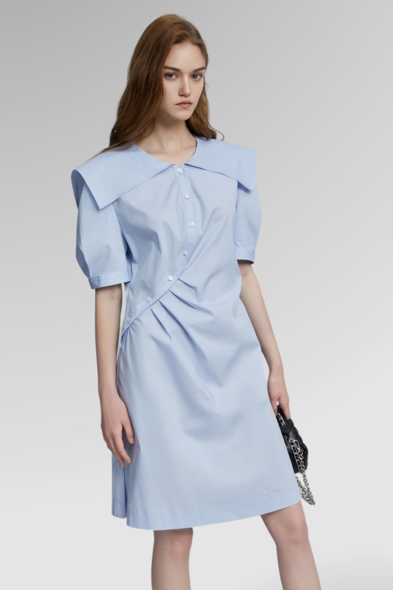 Soft Blue Puff-Sleeve Lapel Midi Dress