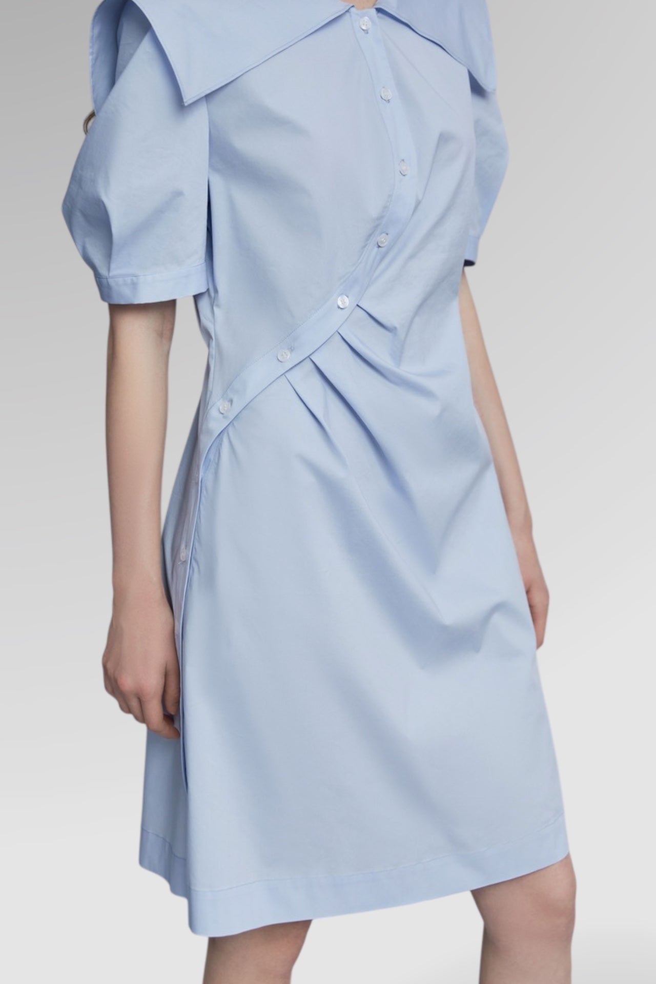 Soft Blue Puff-Sleeve Lapel Midi Dress