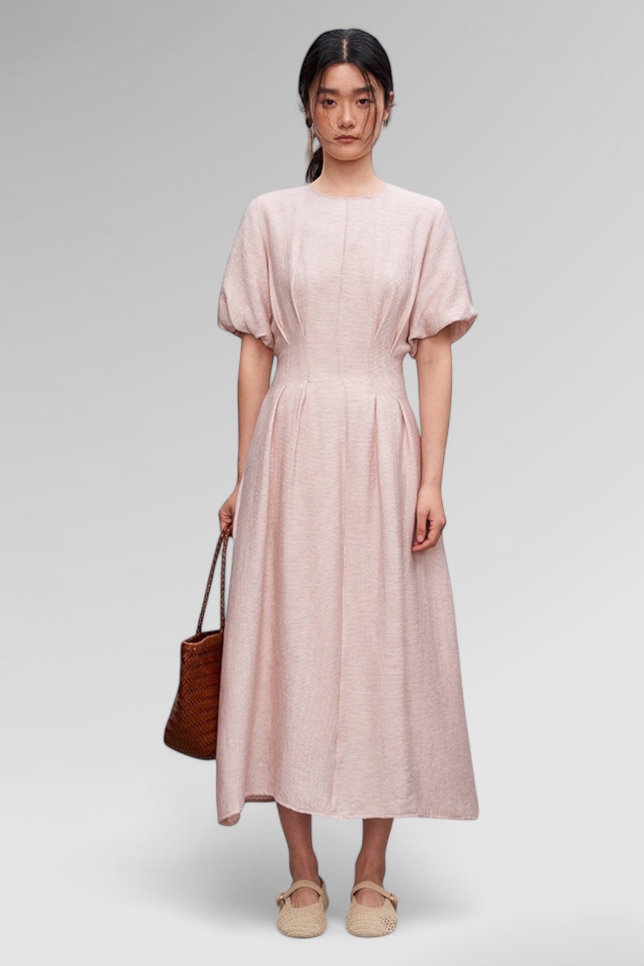 Serene Whisper Puff Sleeve Midi Dress