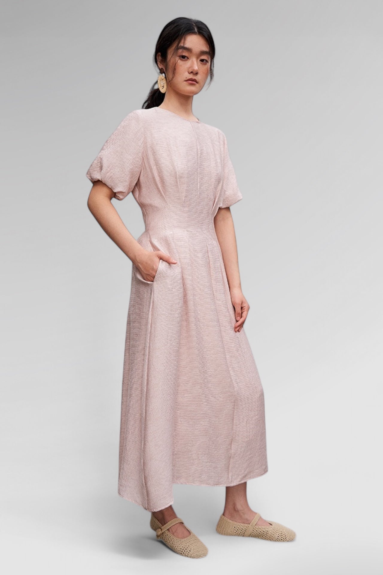 Serene Whisper Puff Sleeve Midi Dress
