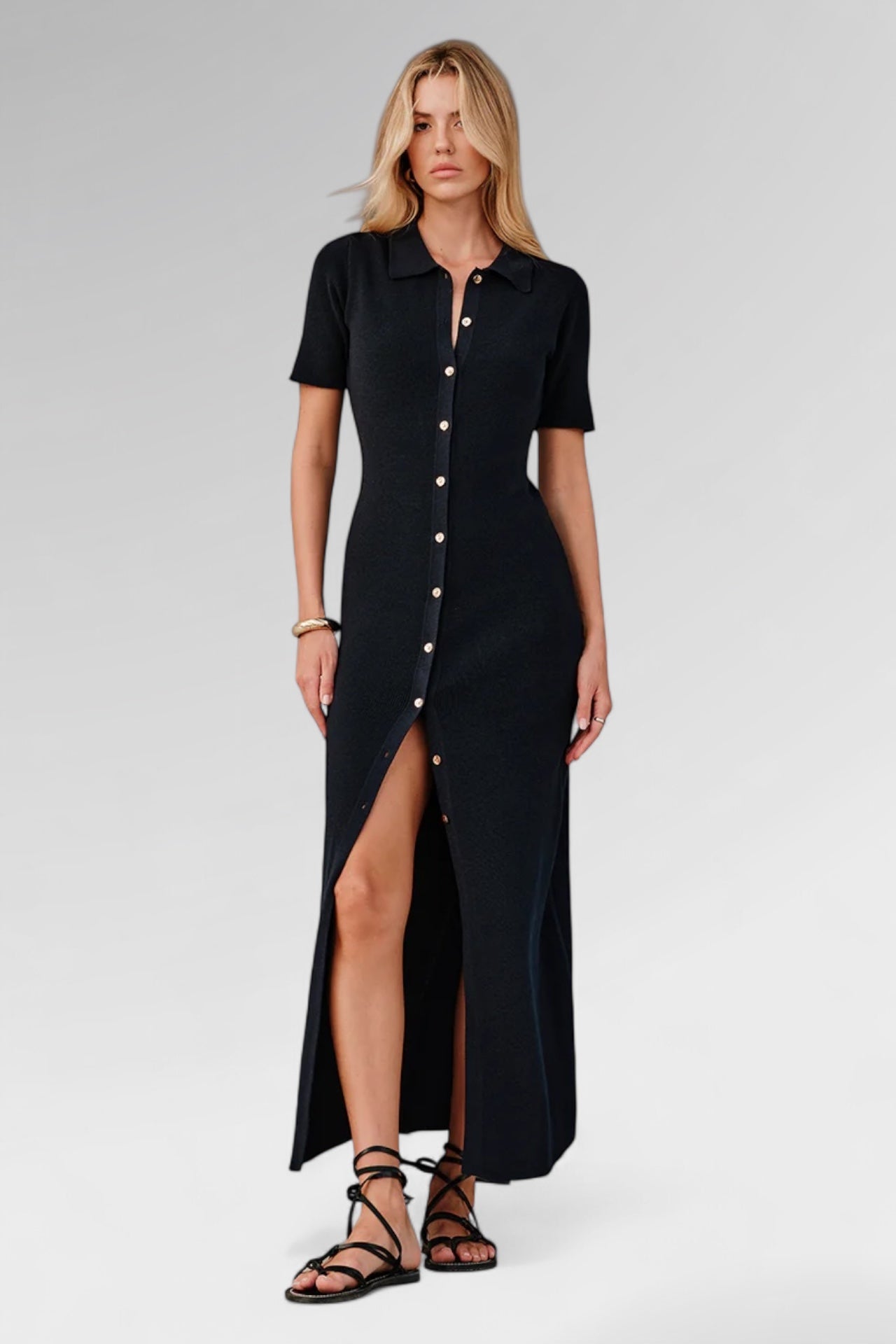 Noir Cascade Button Maxi Dress