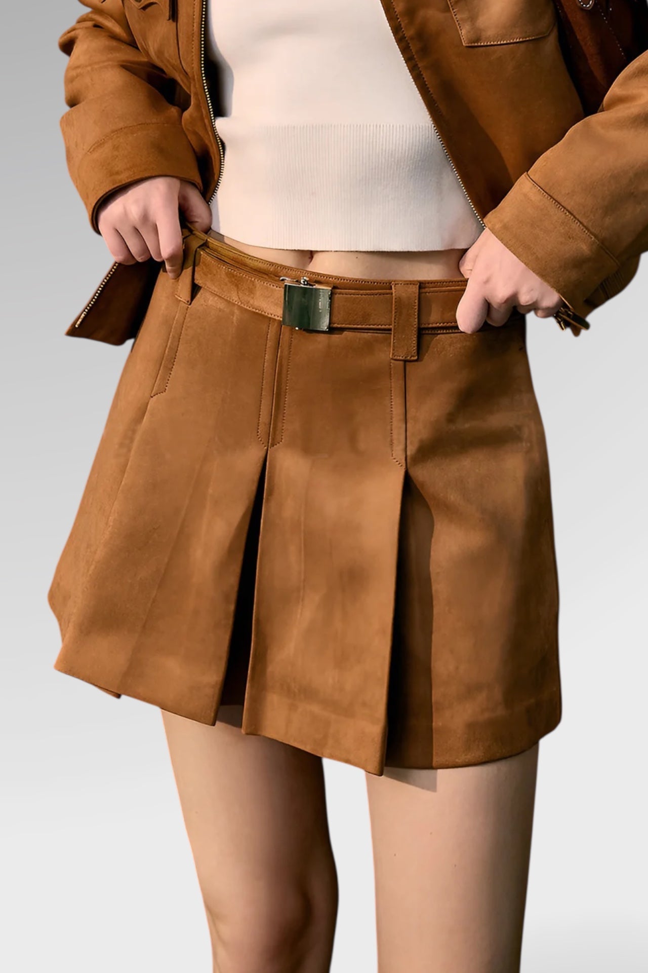 Pleated Belted Suede Mini Skirt