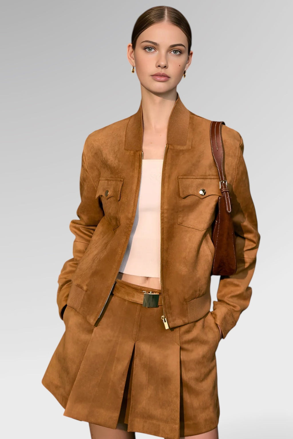 Pleated Belted Suede Mini Skirt