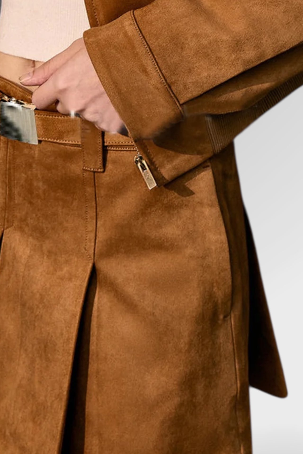 Pleated Belted Suede Mini Skirt