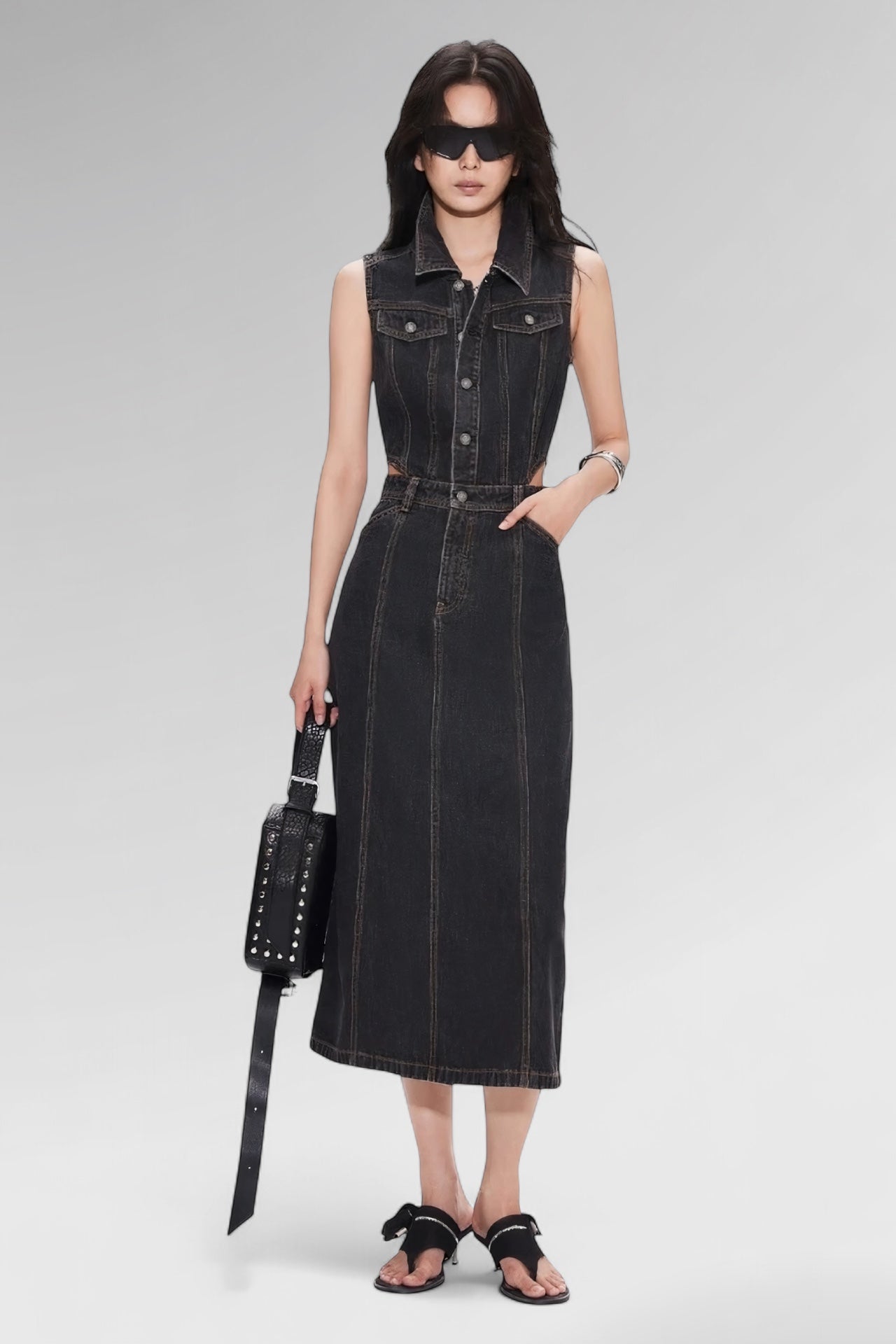 Cut-Out Sleeveless Denim Dress