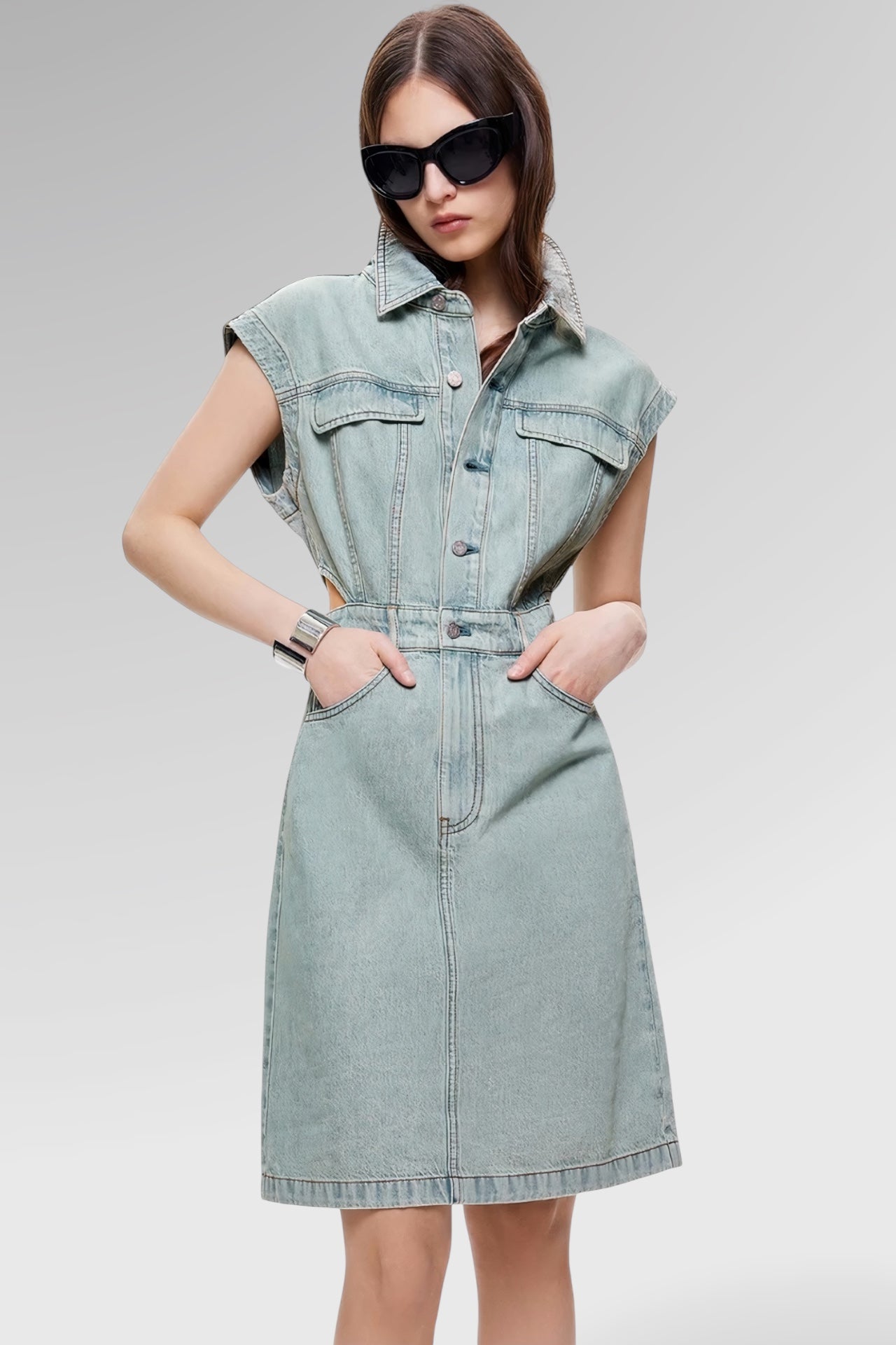 Washed Structured Sleeveless Denim Dress