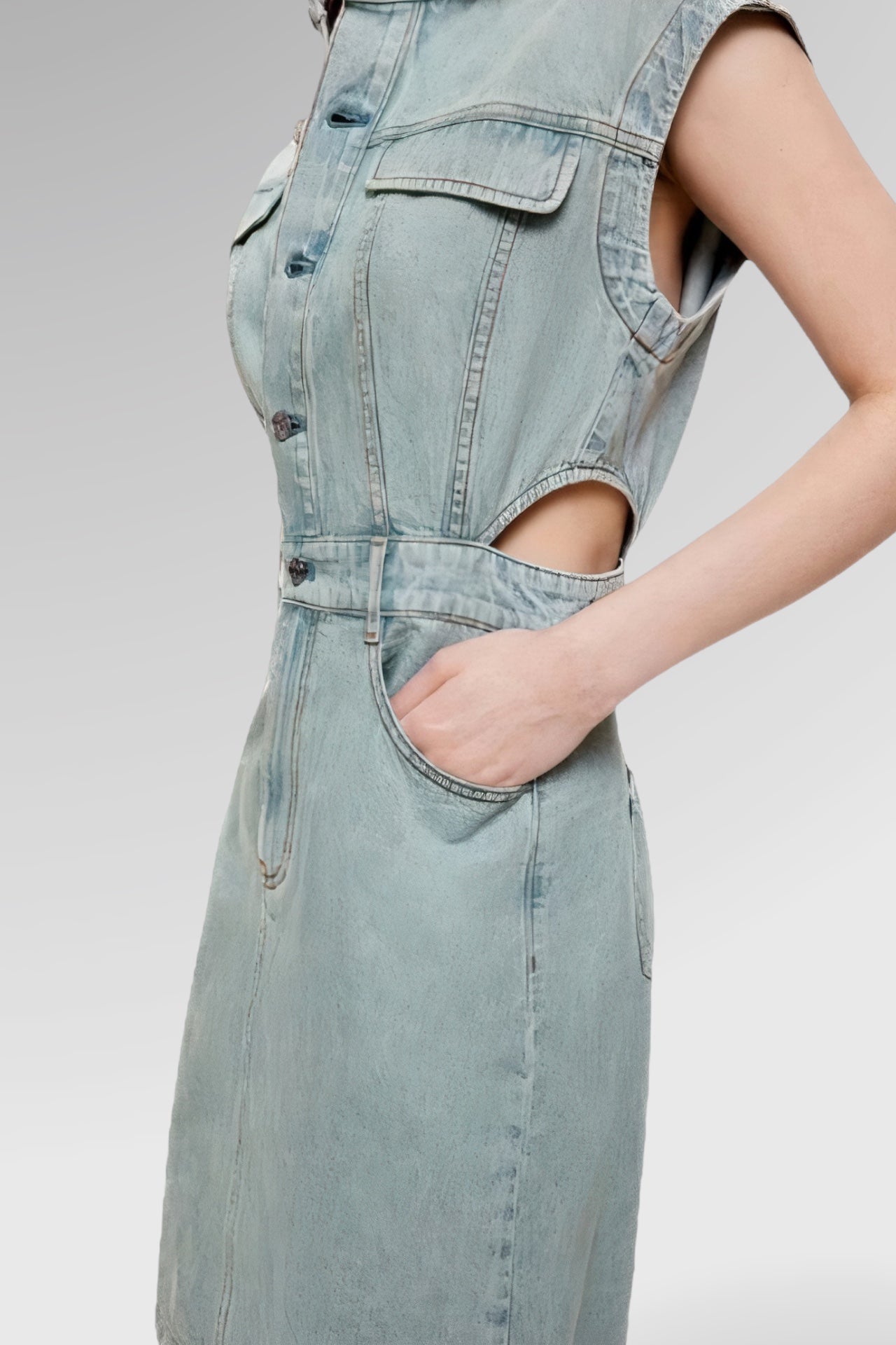 Washed Structured Sleeveless Denim Dress
