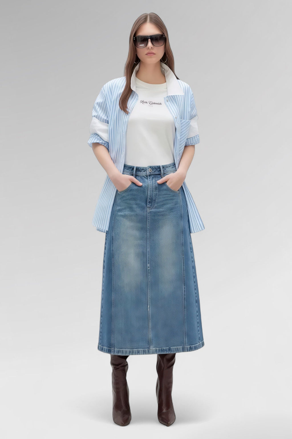 Sculpted Seam Midi Denim Skirt