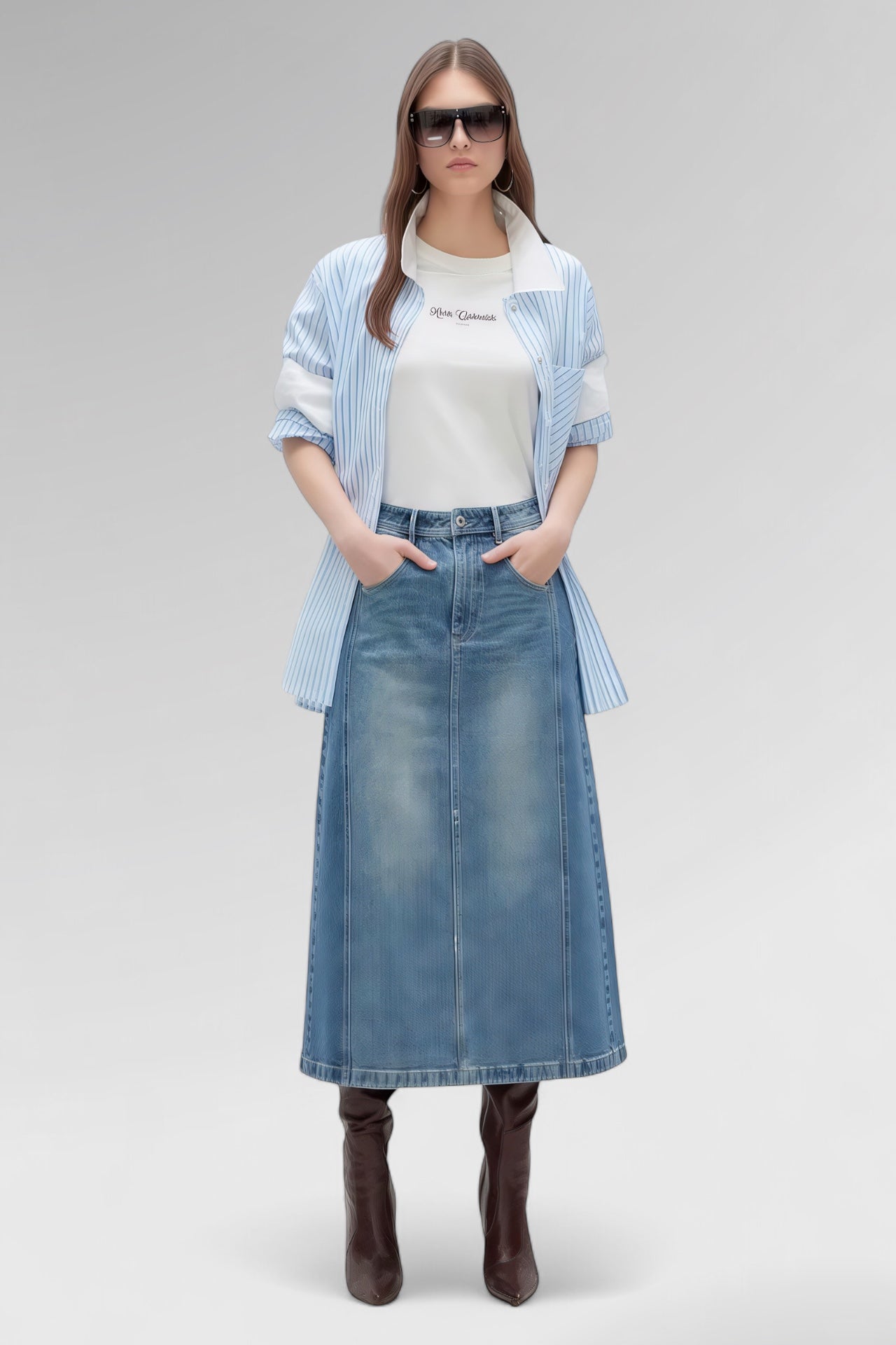Sculpted Seam Midi Denim Skirt