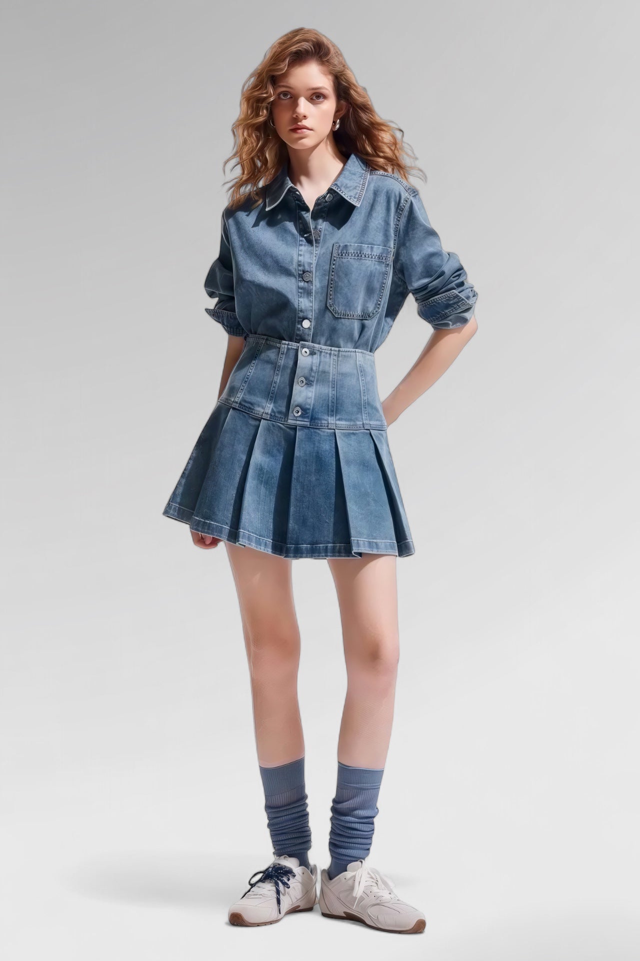 Pleated High-Waist Denim Skirt