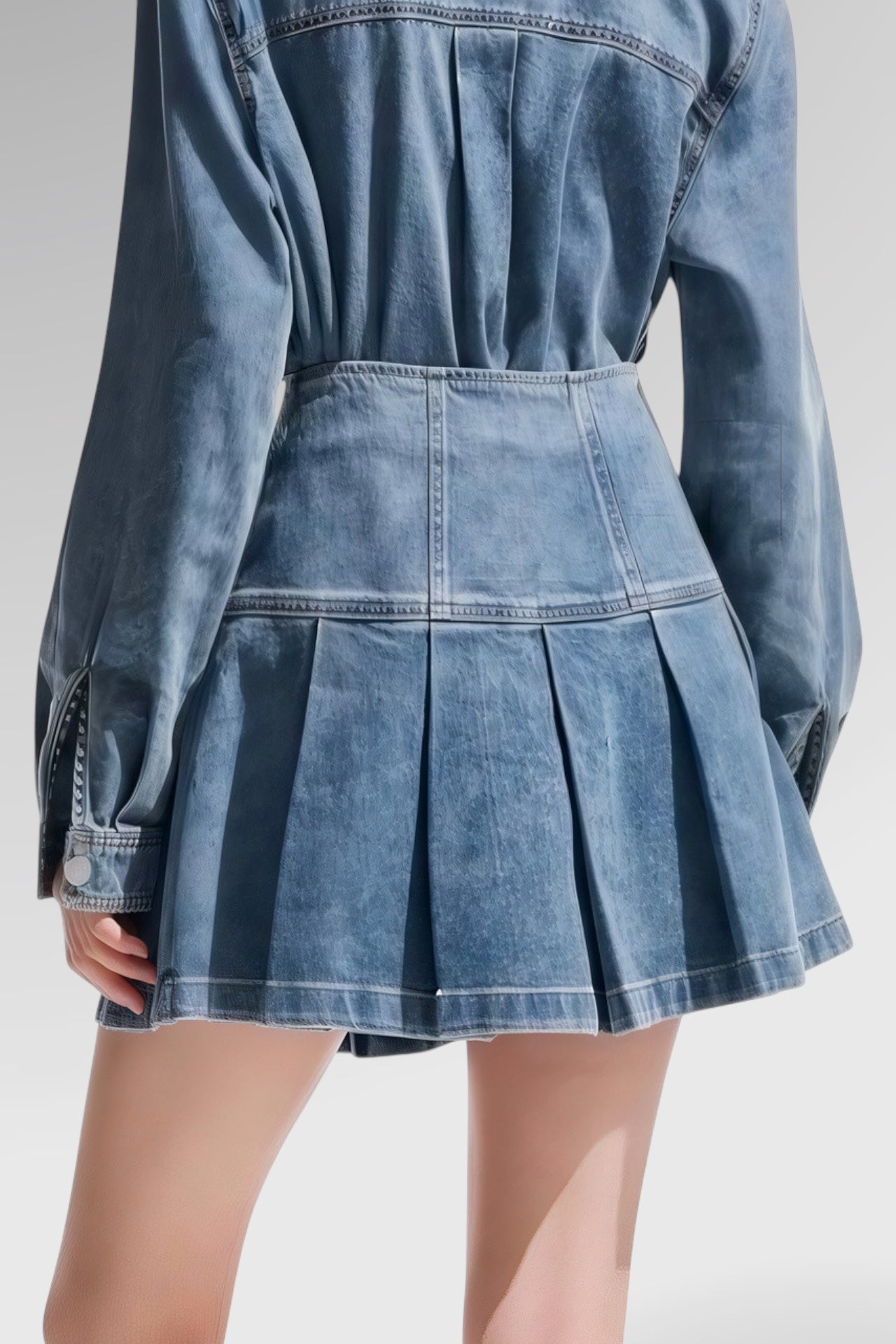 Pleated High-Waist Denim Skirt