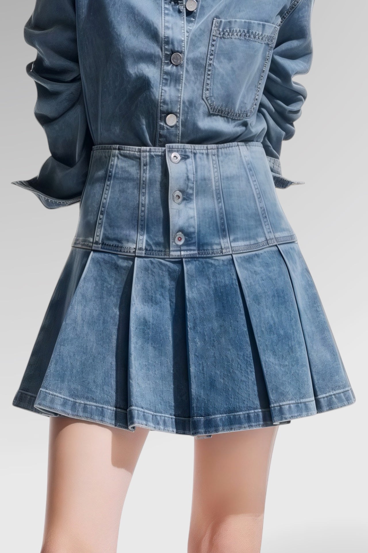 Pleated High-Waist Denim Skirt